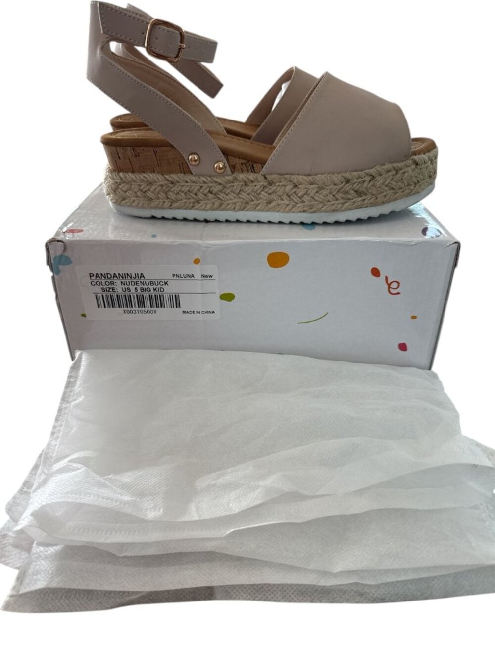 PANDANINJIA Girls Nude Nubuck Espadrille Wedge Sandals - Size 5